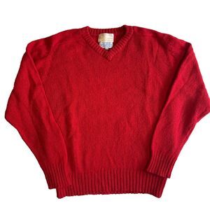 Vintage Tally Ho 100% Shetland Wool V Neck Sweater Mens 42 M Medium Red
